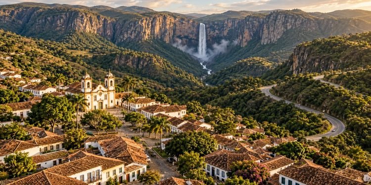 A água despenca por um enorme paredão cercado por uma paisagem natural preservada - Imagem ilustrativa