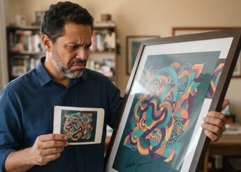 Fotos anteriores ao serviço podem mostrar as dimensões e o estado original do pôster