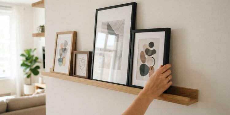 Os quadros ficam apoiados em vez de presos individualmente por vários pontos na parede