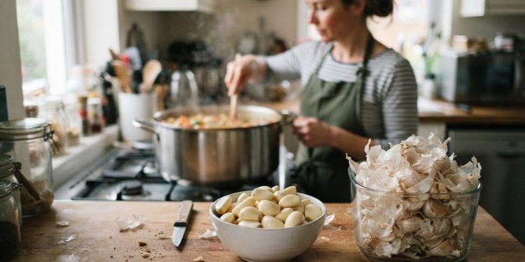 O movimento dentro do recipiente ajuda a soltar as cascas sem precisar trabalhar cada dente separadamente