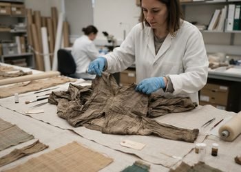 A peça preservou detalhes de corte e acabamento que ajudam a reconstruir técnicas de vestuário muito antigas