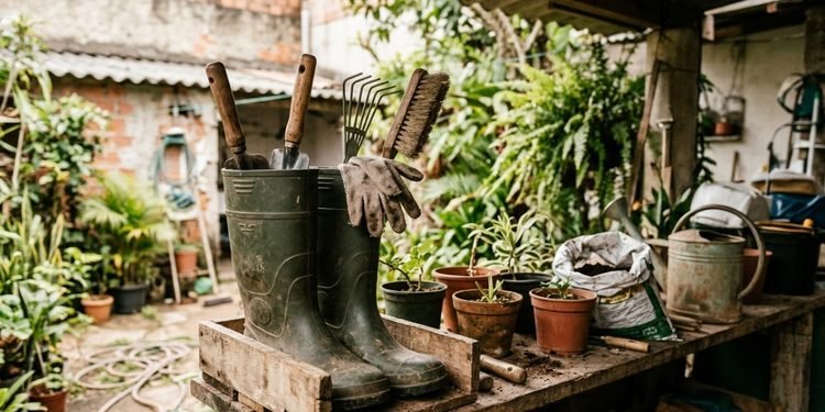 Um calçado que já não serve para os dias de chuva pode ajudar na organização do jardim