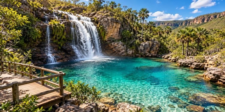 A cor da água transforma a cachoeira em um dos cenários naturais mais curiosos da região - Imagem ilustrativa