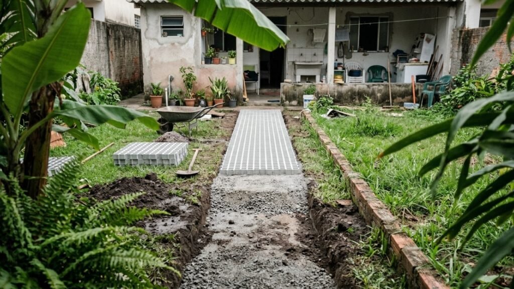 Caminhos de quintal com grelhas vegetadas