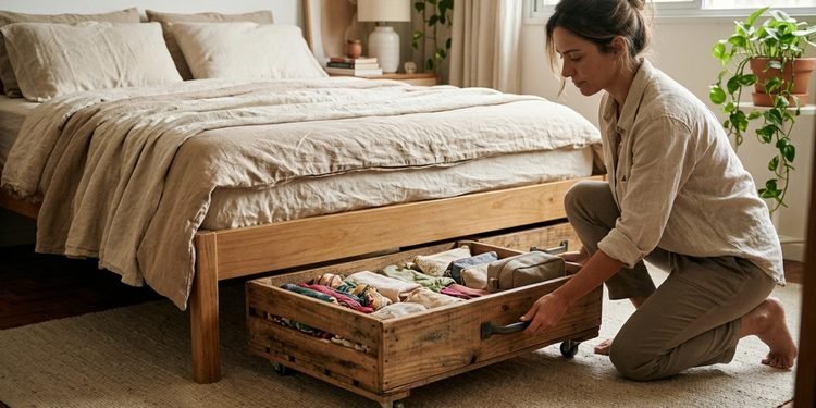 Um espaço pouco aproveitado no quarto pode ganhar uma função prática para guardar objetos