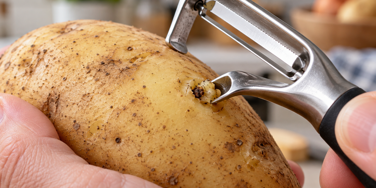A ponta permite remover uma pequena área sem cortar uma grande parte da batata