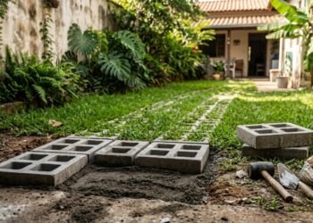 Caminhos de quintal com grelhas vegetadas