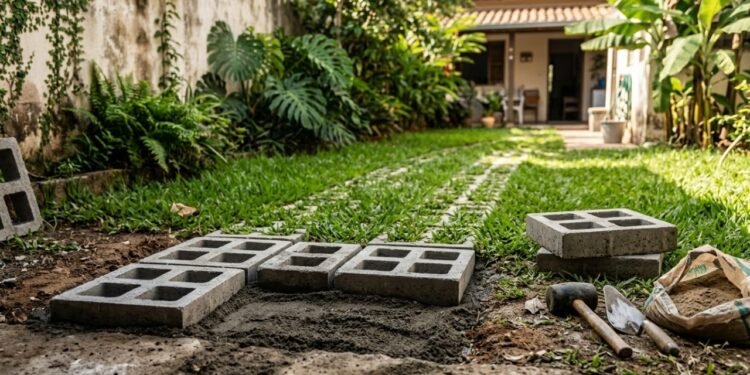 Caminhos de quintal com grelhas vegetadas
