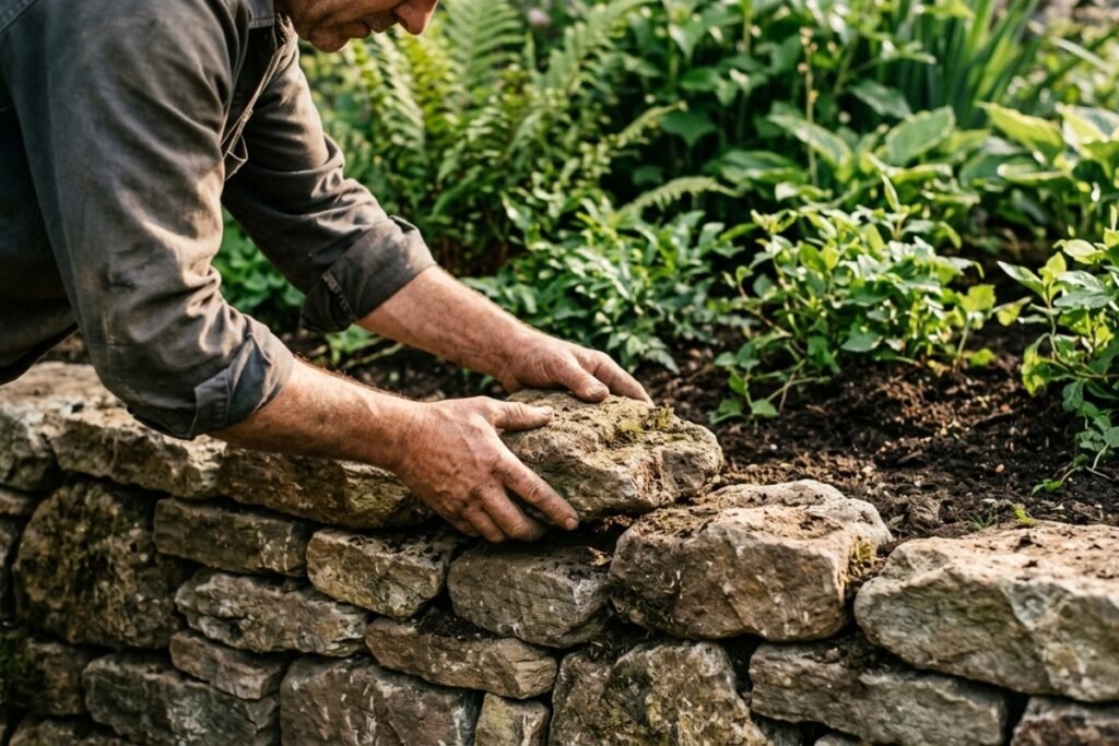 Pedra seca para muretas decorativas com limites de segurança