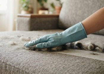 A borracha ajuda a reunir pelos soltos que ficam presos no tecido do sofá