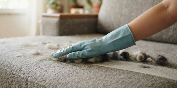 A borracha ajuda a reunir pelos soltos que ficam presos no tecido do sofá