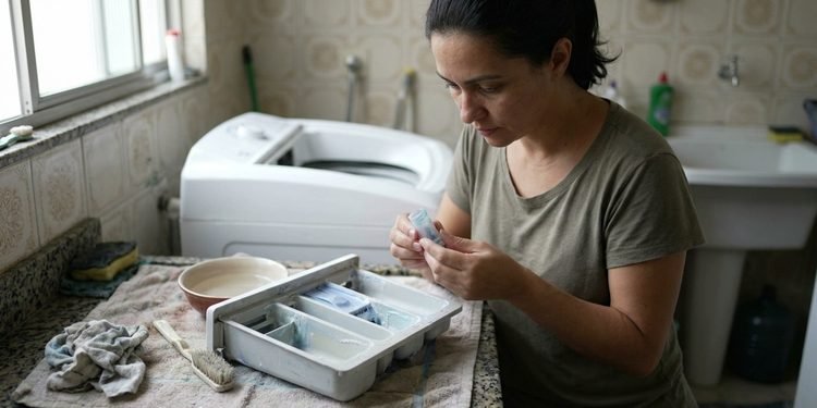 O acúmulo de água pode estar relacionado a resíduos que dificultam a passagem dentro do compartimento